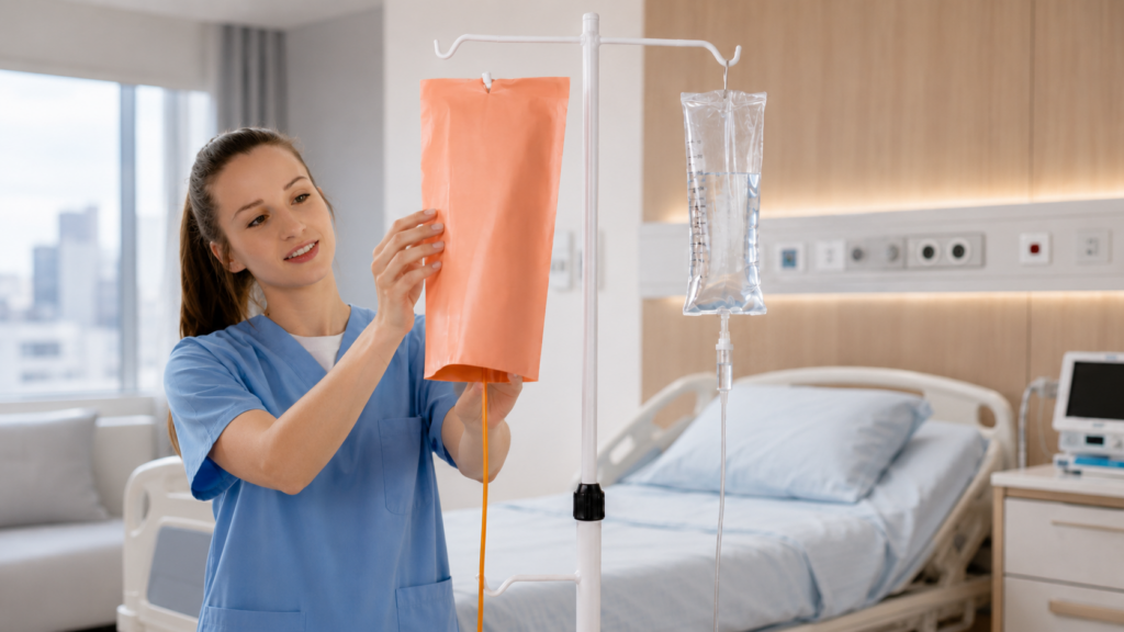 Capa âmbar em polietileno virgem opaco aplicada na filtragem lumínica de bolsas de infusão hospitalar fotossensíveis.