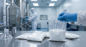 Sacos plásticos em sala limpa demonstrando a inércia polimérica em embalagens para produtos intermediários